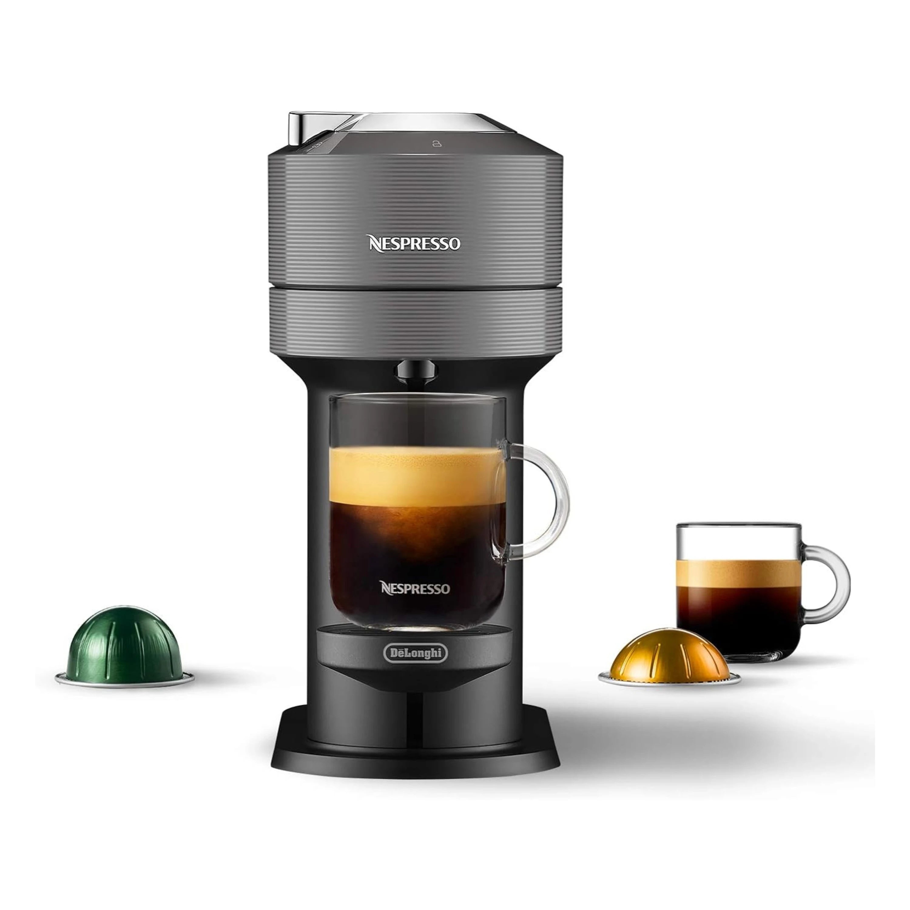 Gray Nespresso Vertuo Next machine with mug and capsule pods