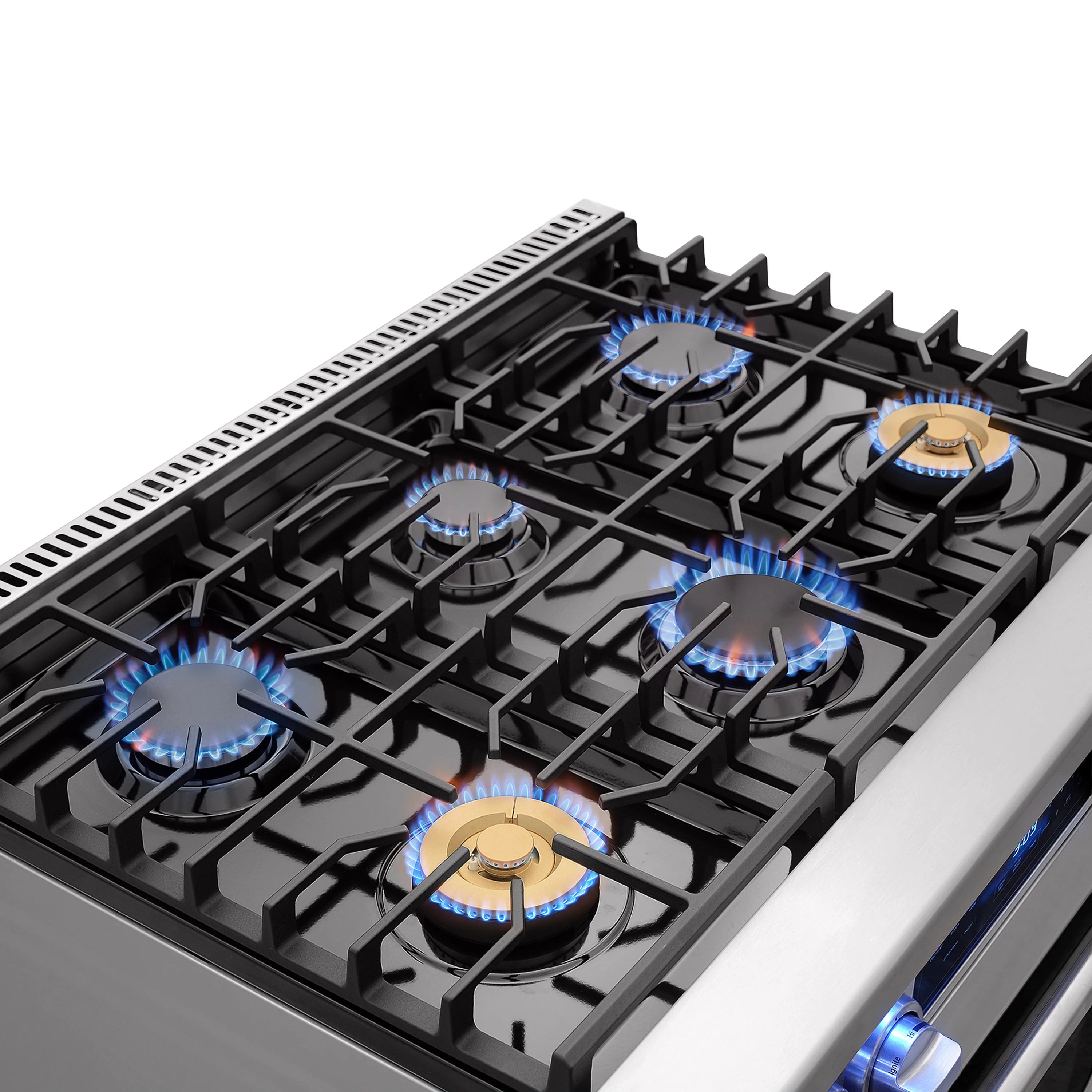 Gas range cooktop with 6 sealed burners and blue flame ignition visible