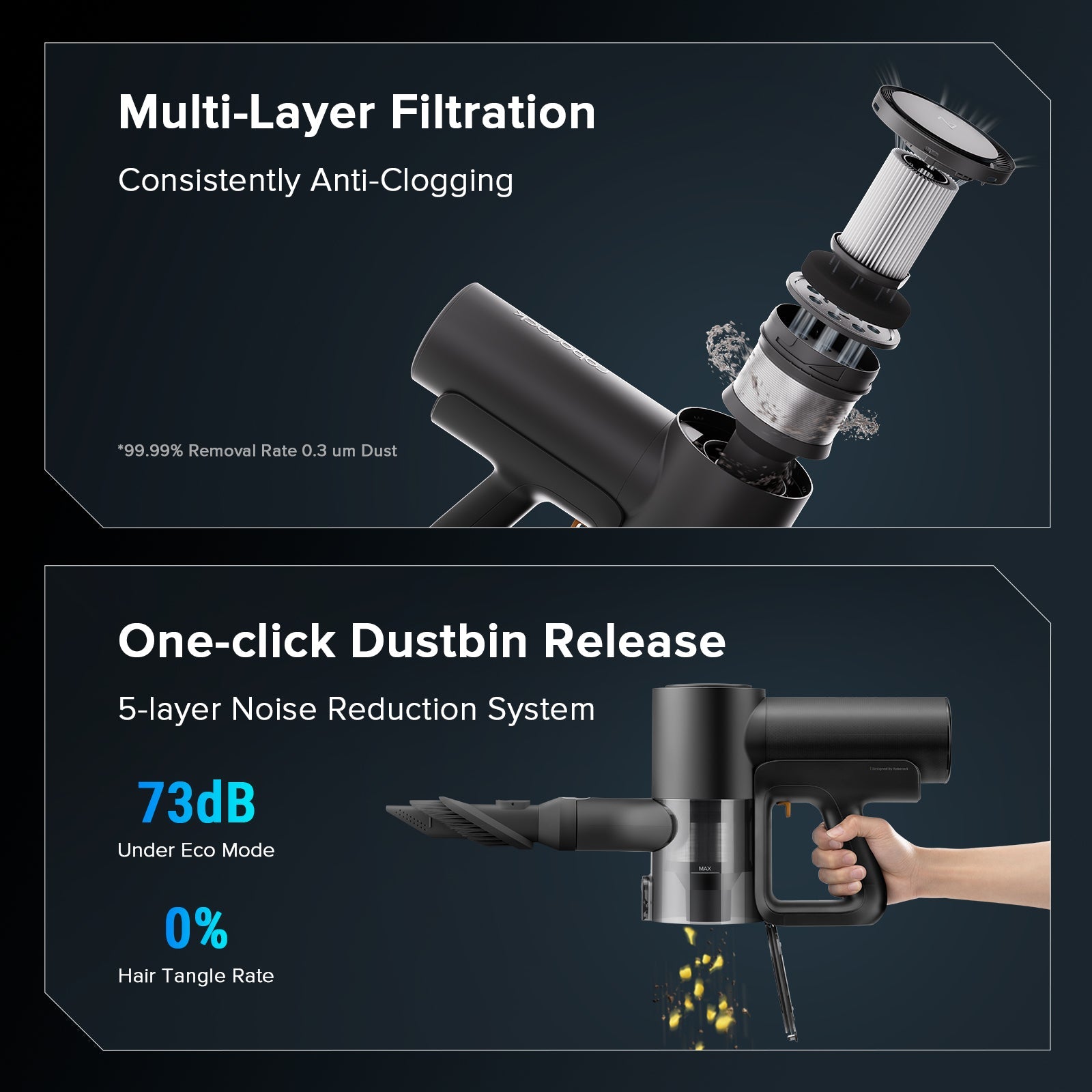 Handheld wet/dry vacuum with filtration module and one-click dustbin release