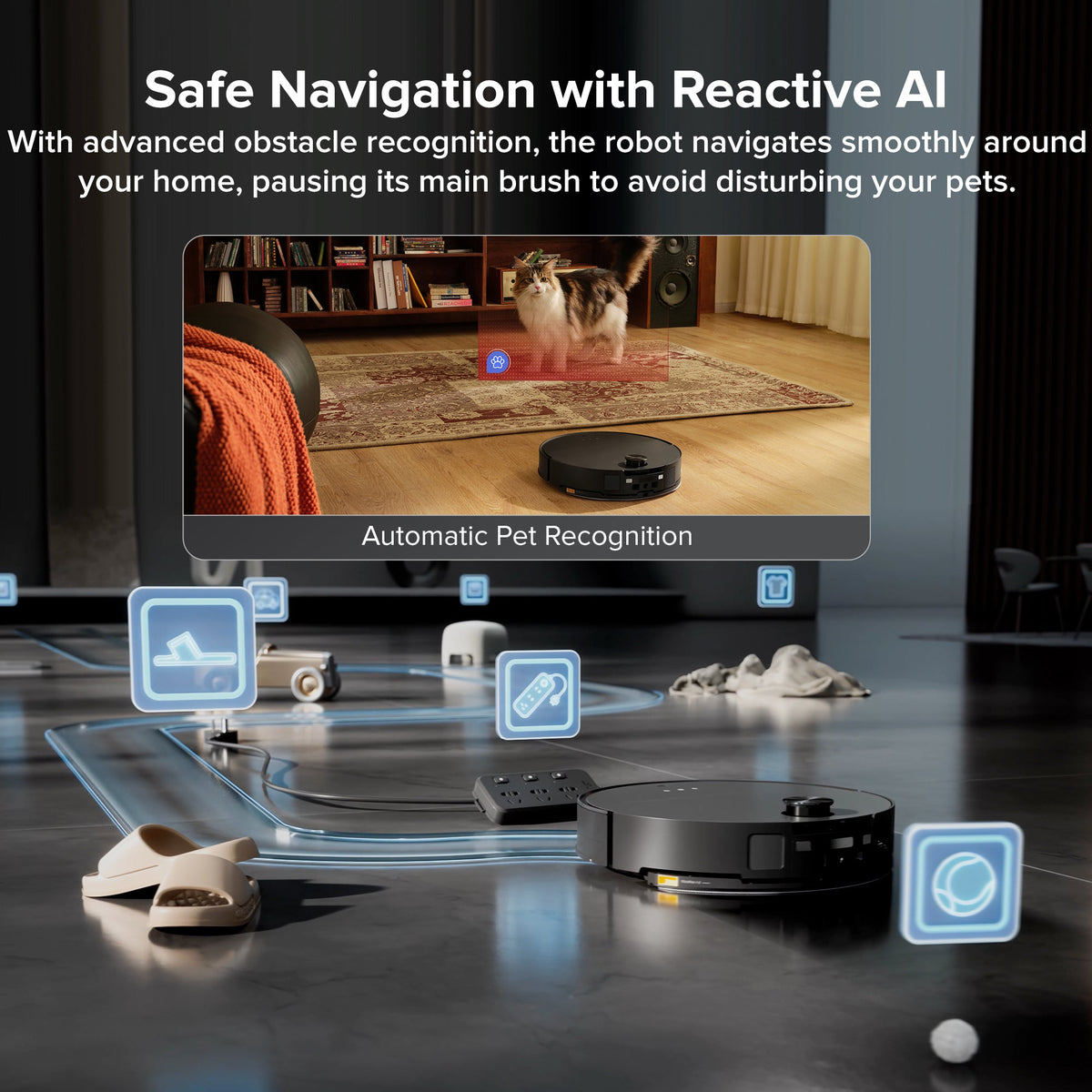 Roborock robot vacuum with reactive AI navigation around a pet in view