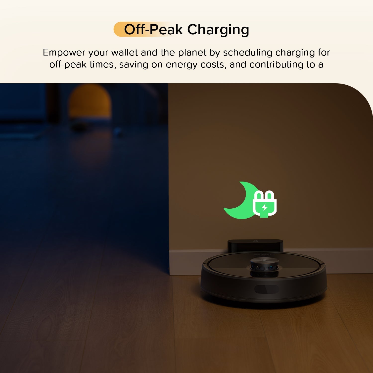 Black robot vacuum and mop at rest with green charging icon overhead