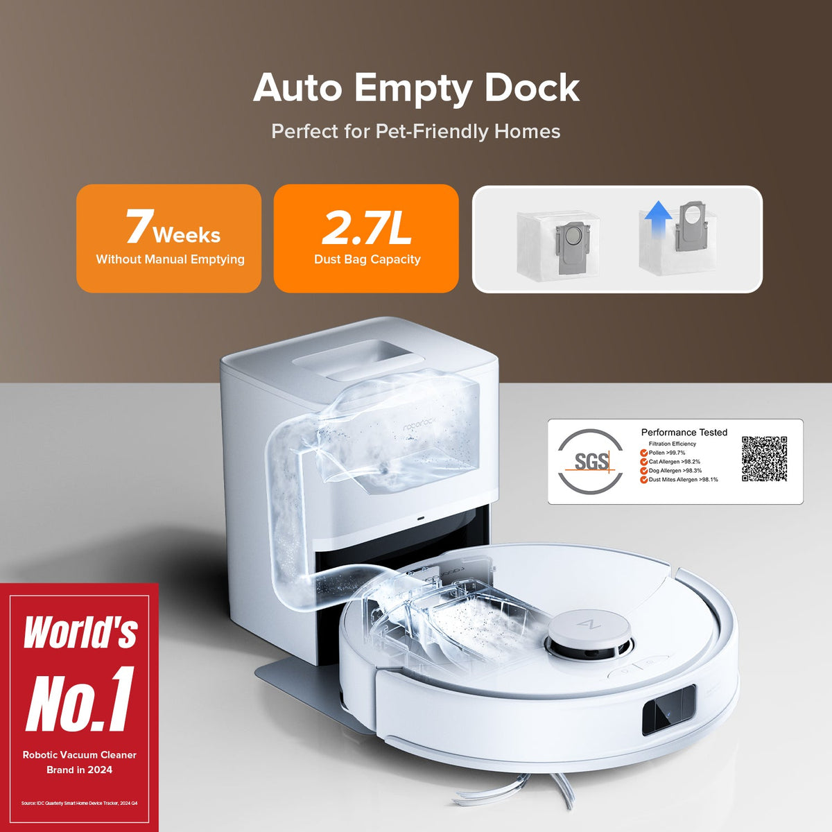 White robot vacuum and mop with auto-empty dock, open dust bin and base unit