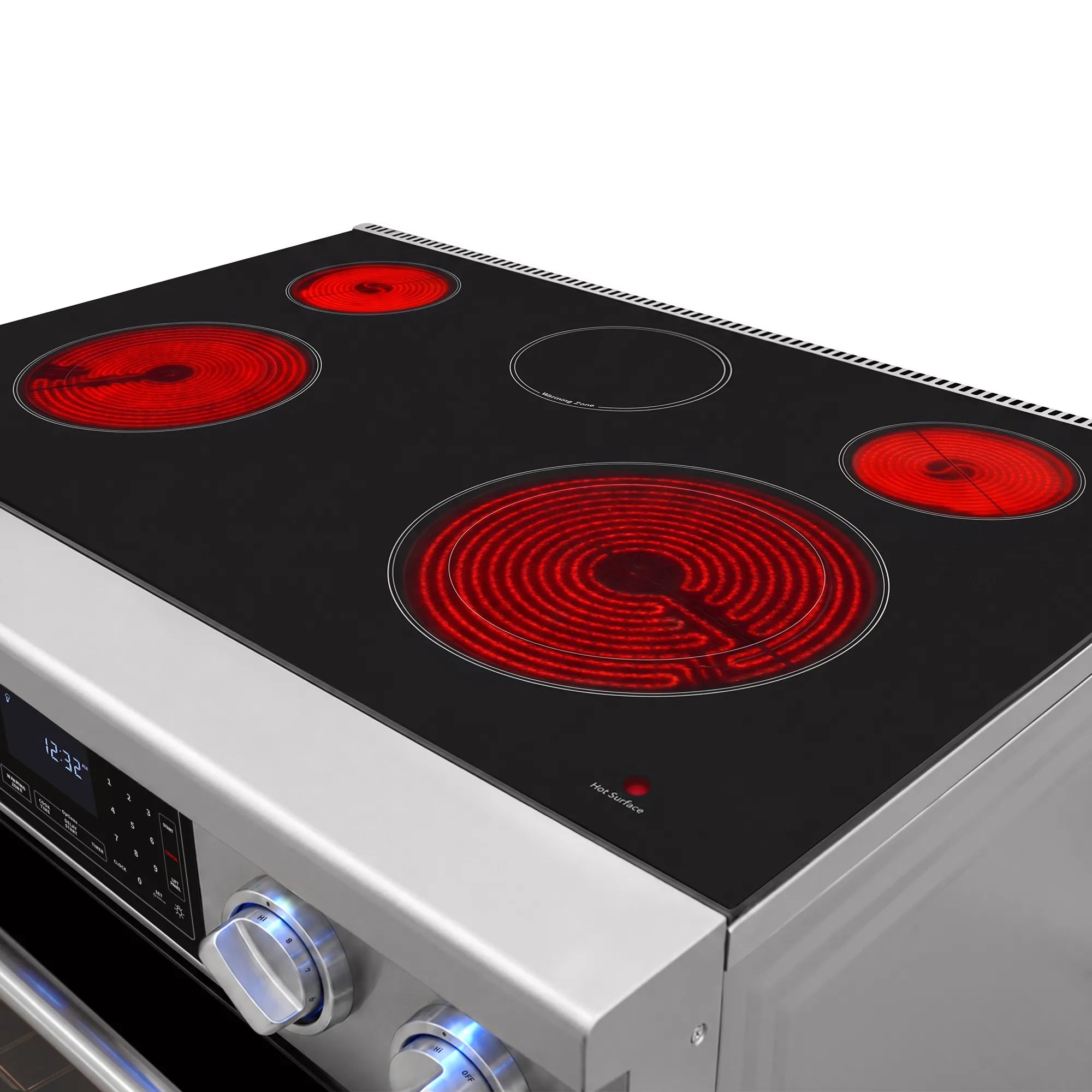 Stainless electric range cooktop with five lit red coil burners