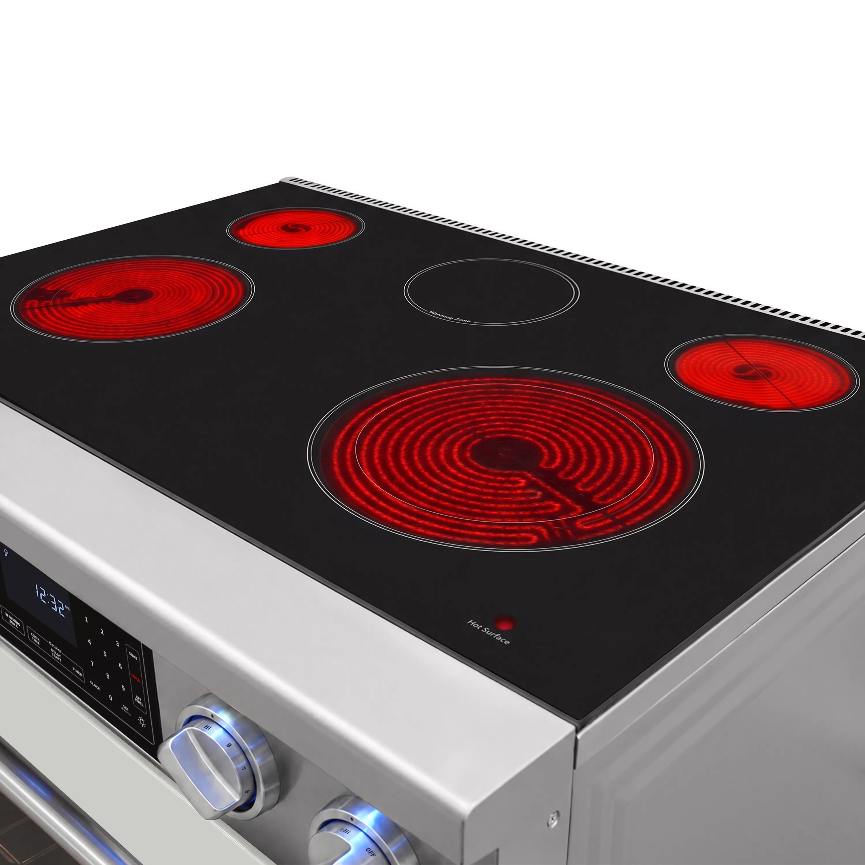 36-inch electric cooktop with five red coil elements on black glass top