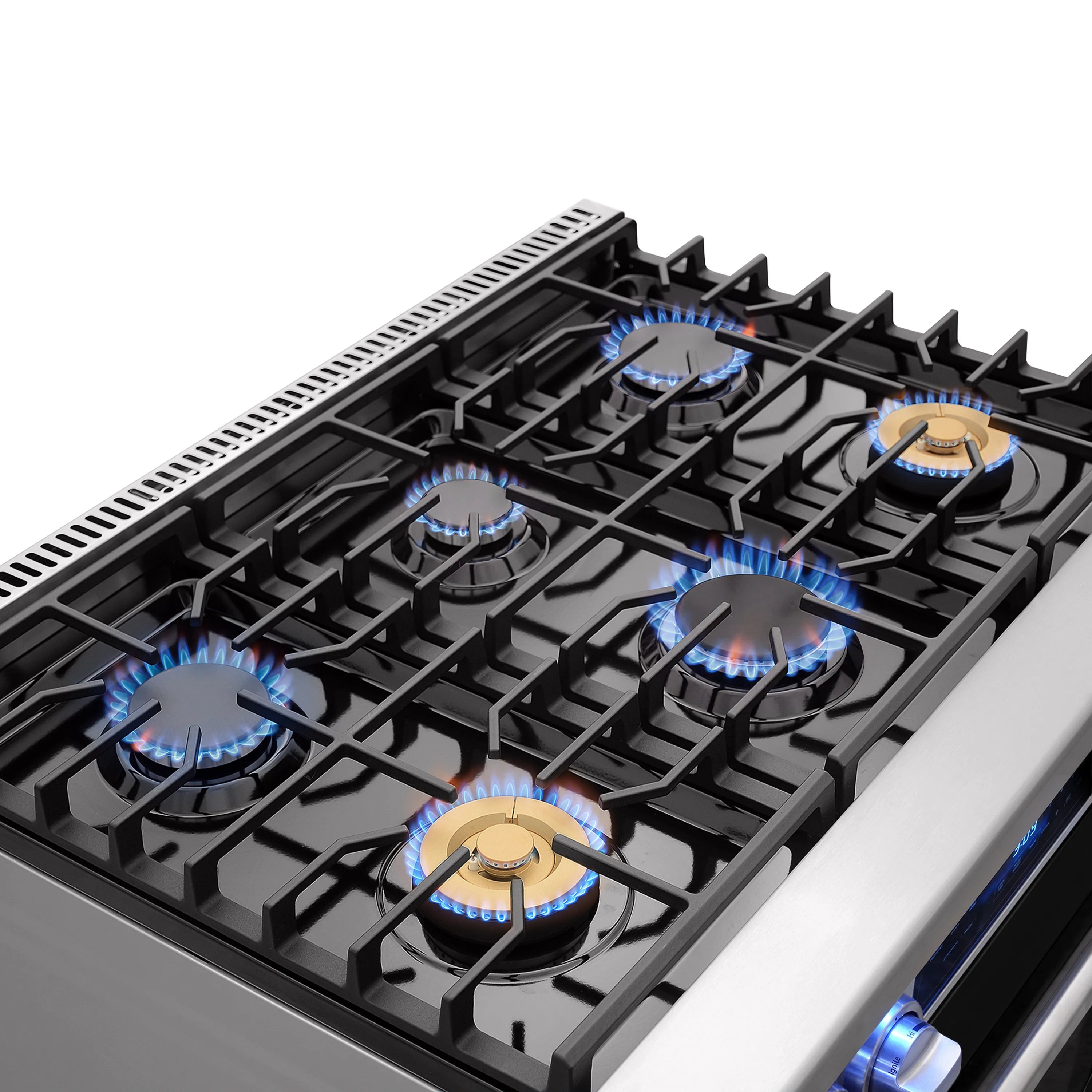 Gas burners with blue flames on a black cooktop grates