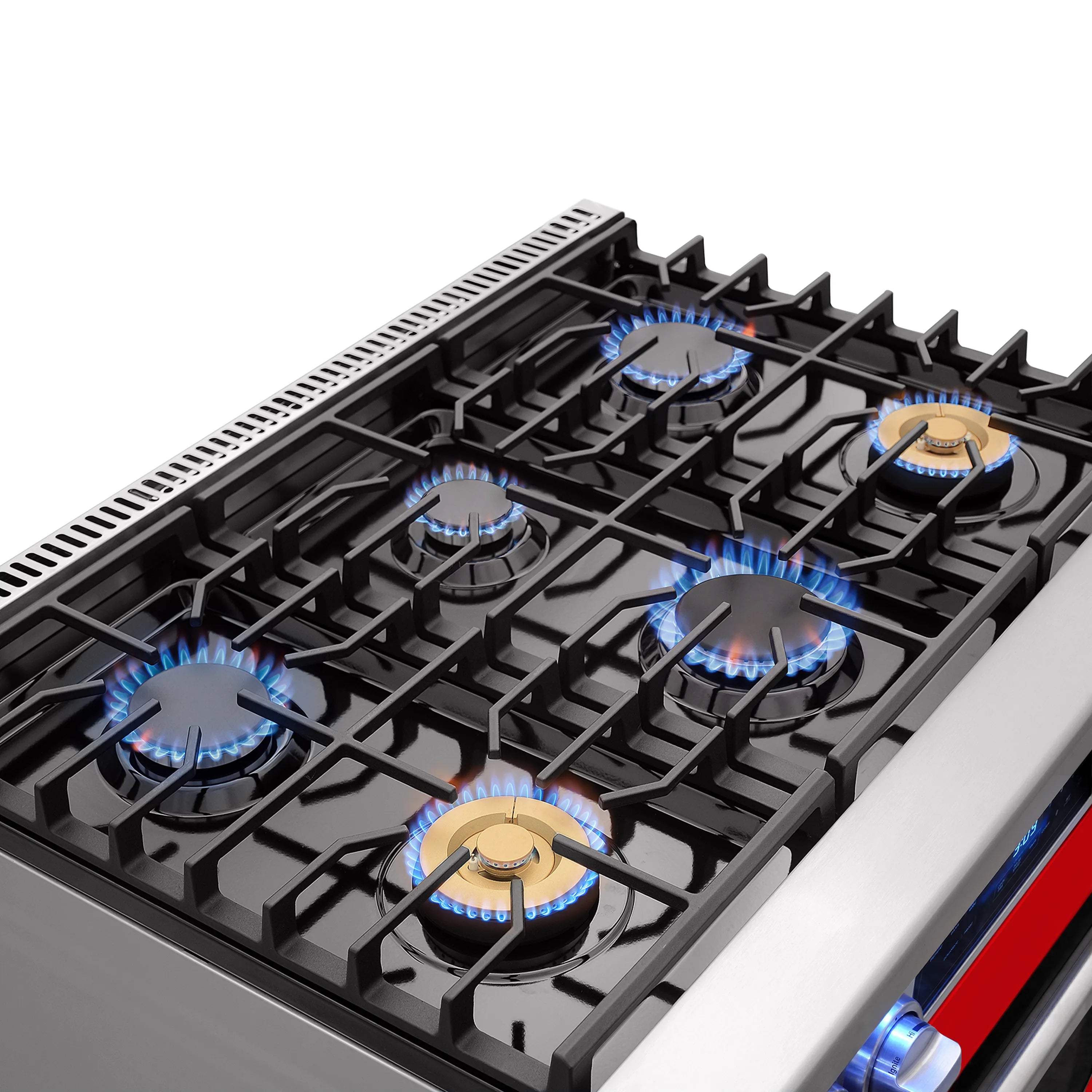 Six-burner cooktop with blue gas flames on black cast-iron grates