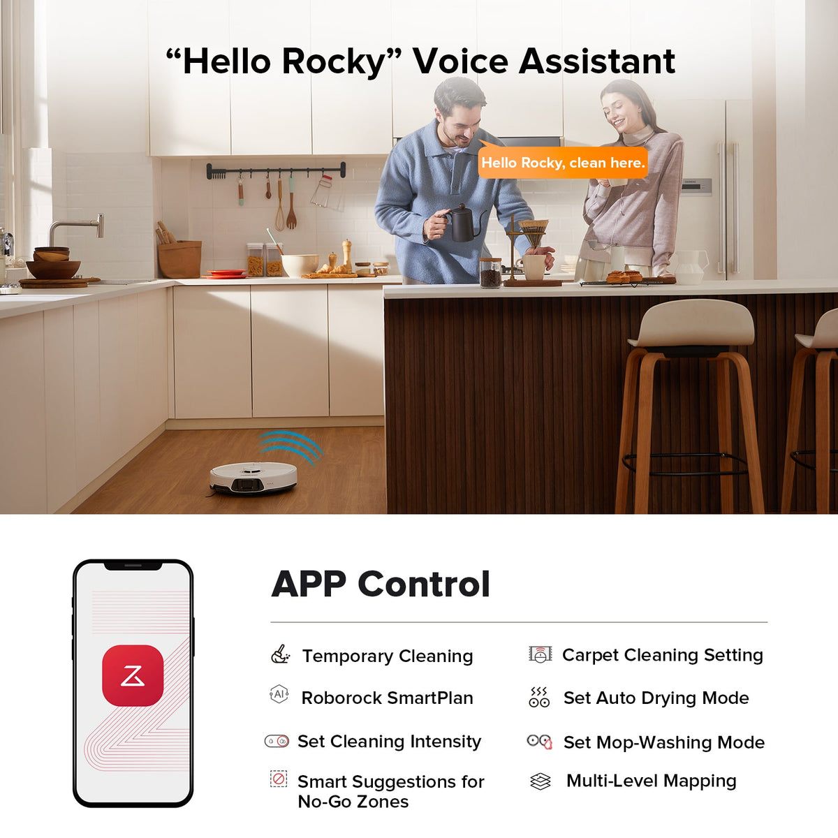 Roborock robot vacuum with smartphone app control in kitchen setting
