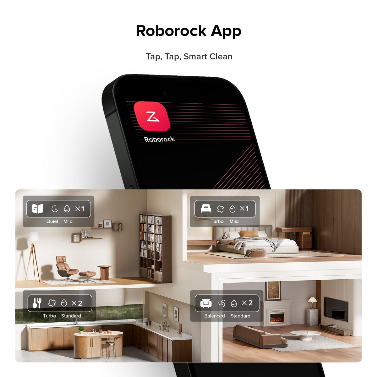 Roborock app screen with room maps and cleaning mode tiles for robot vacuum and mop