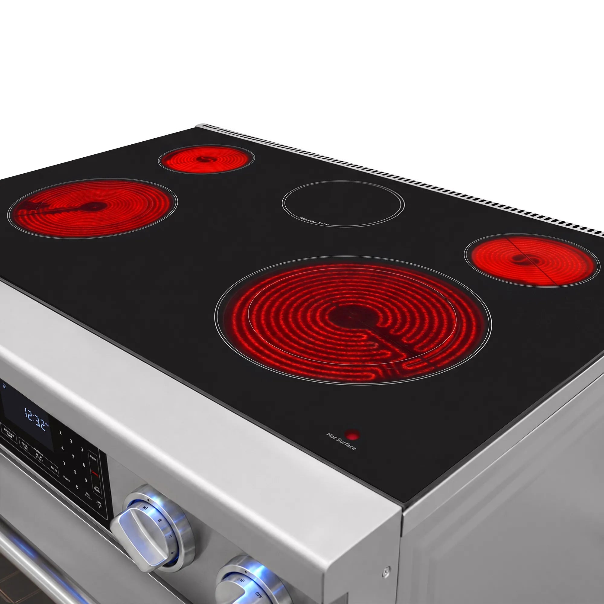 Black glass cooktop with four red coil elements on a stainless steel electric range