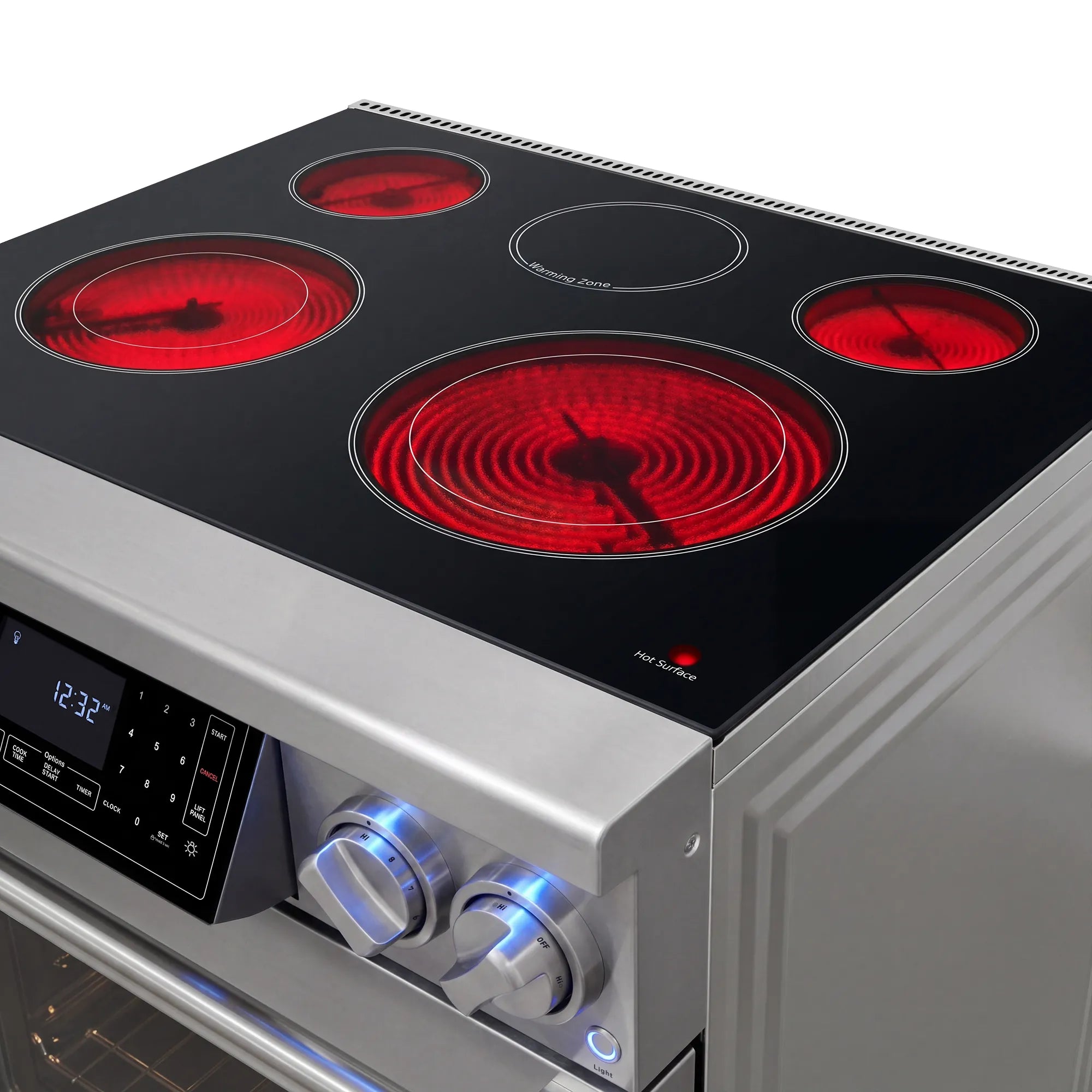 Electric cooktop with four red coil heating elements on black glass surface