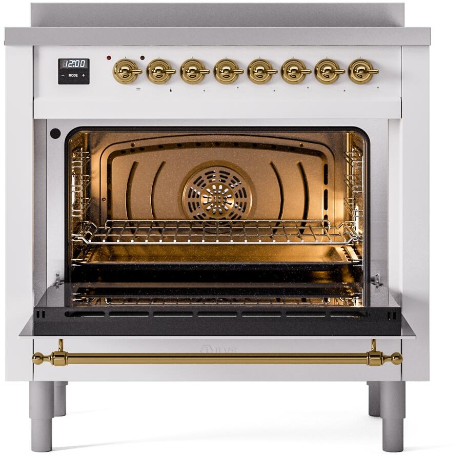 Open oven cavity with stainless racks and brass-toned interior accents, white range