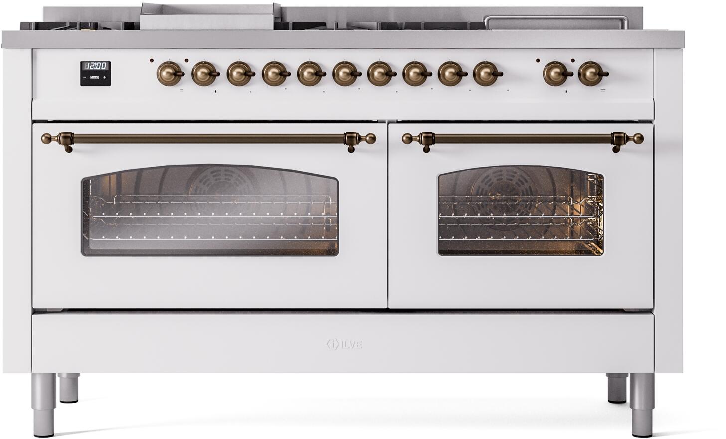 White dual fuel range with bronze control knobs and two glass oven doors