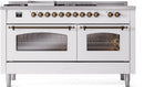 ILVE Nostalgie II 60-Inch Propane Gas Dual Fuel Range with 7 Burners, Griddle, & French Top with Triple Glass Door Oven in White with Bronze Trim (UP60FSNMPWHBLP)
