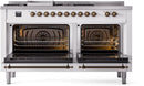 ILVE Nostalgie II 60-Inch Propane Gas Dual Fuel Range with 7 Burners, Griddle, & French Top with Triple Glass Door Oven in White with Bronze Trim (UP60FSNMPWHBLP)