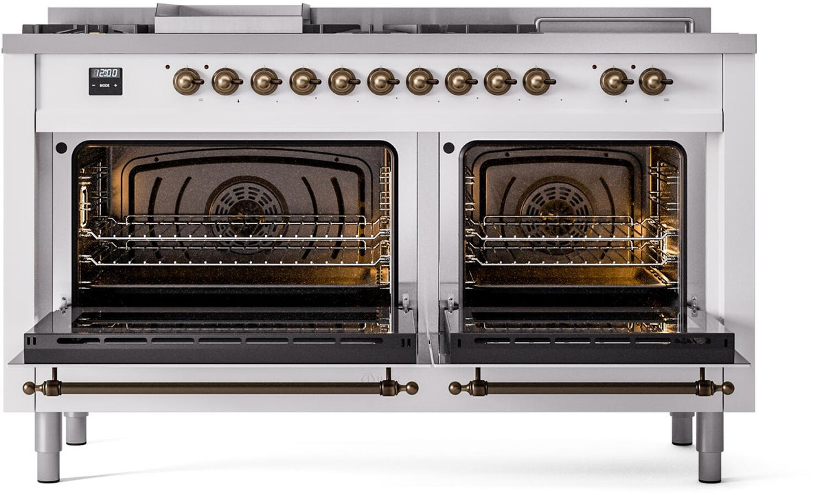 White ILVE dual fuel range with both oven doors open and racks visible inside.