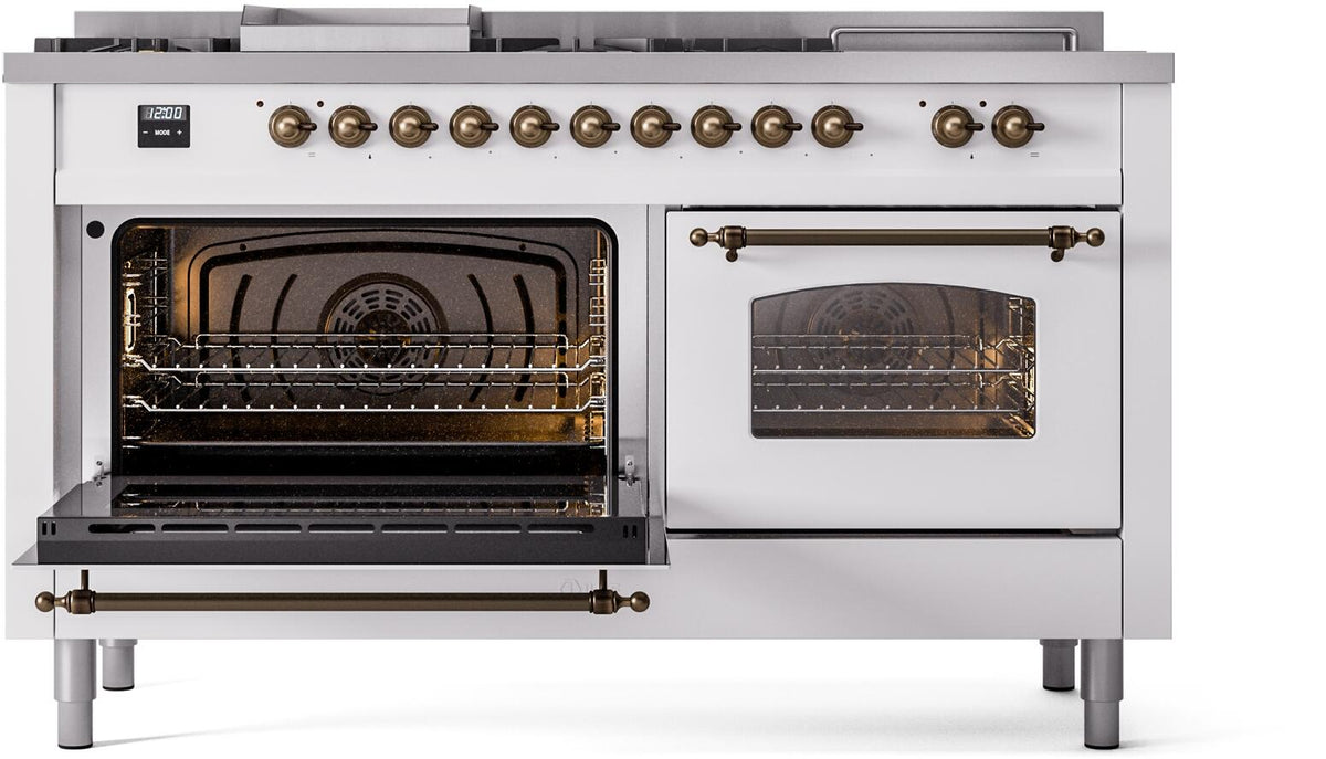 White dual fuel gas range showing open left oven and right oven window with bronze knobs