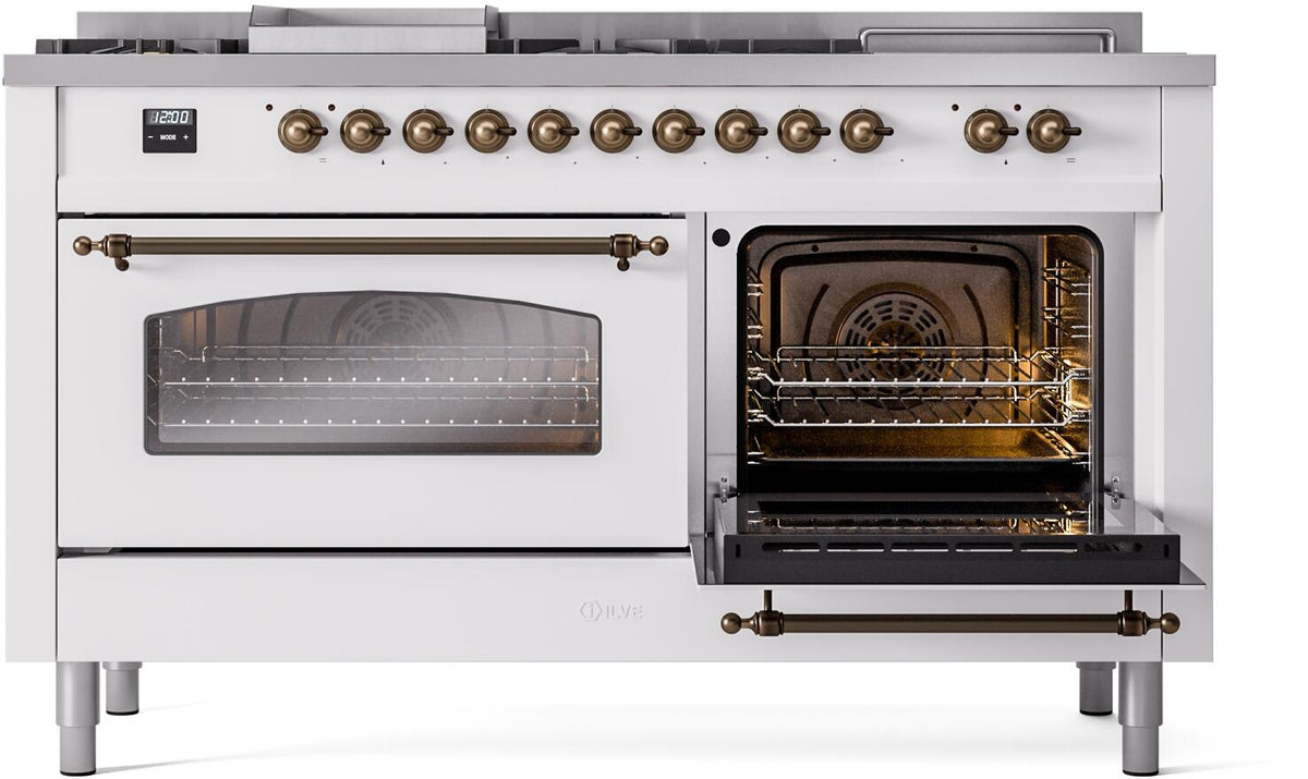 White dual fuel gas range with left oven door closed and right oven door open, bronze knobs