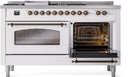 ILVE Nostalgie II 60-Inch Propane Gas Dual Fuel Range with 7 Burners, Griddle, & French Top with Triple Glass Door Oven in White with Bronze Trim (UP60FSNMPWHBLP)