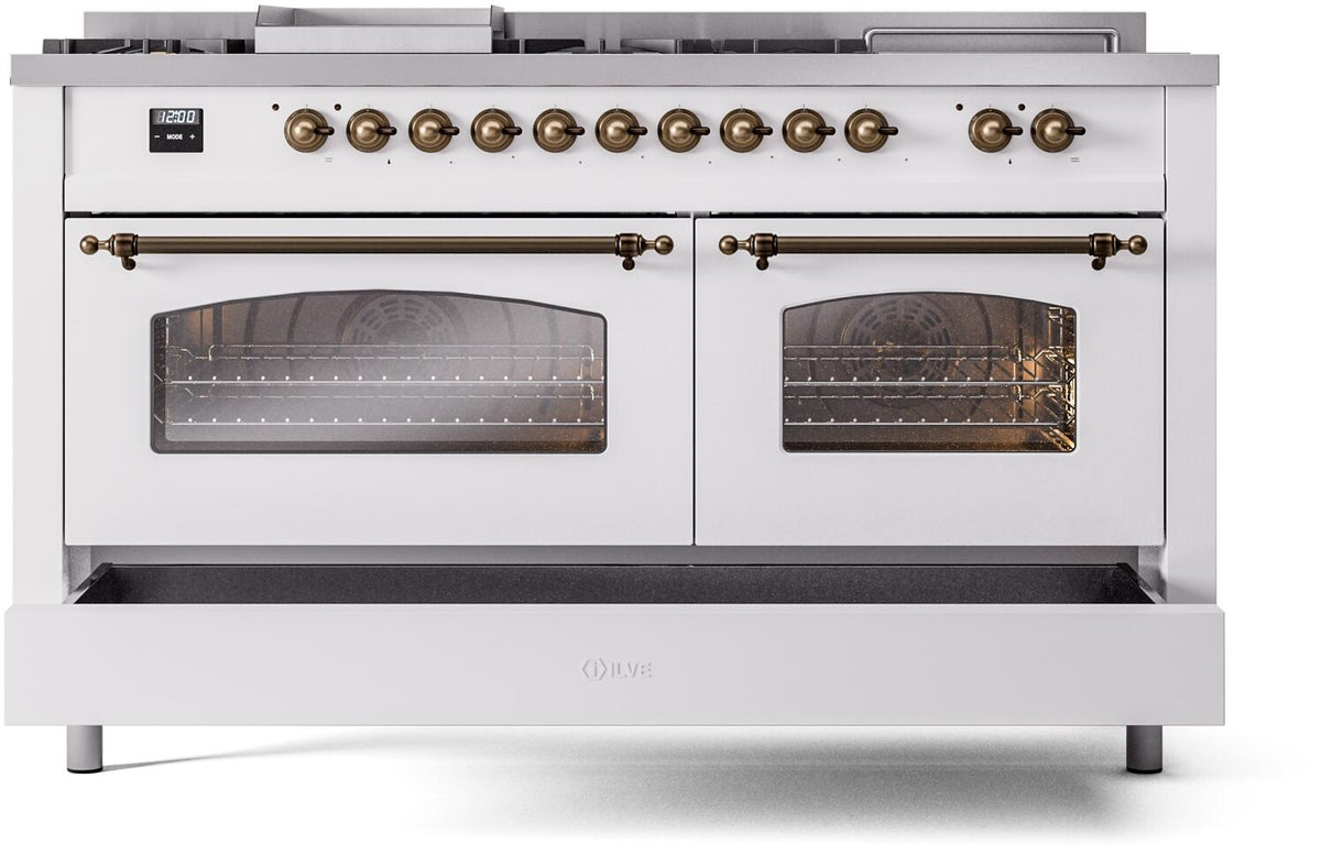 White dual fuel gas range with both oven doors closed and bronze trim, bronze knobs on top