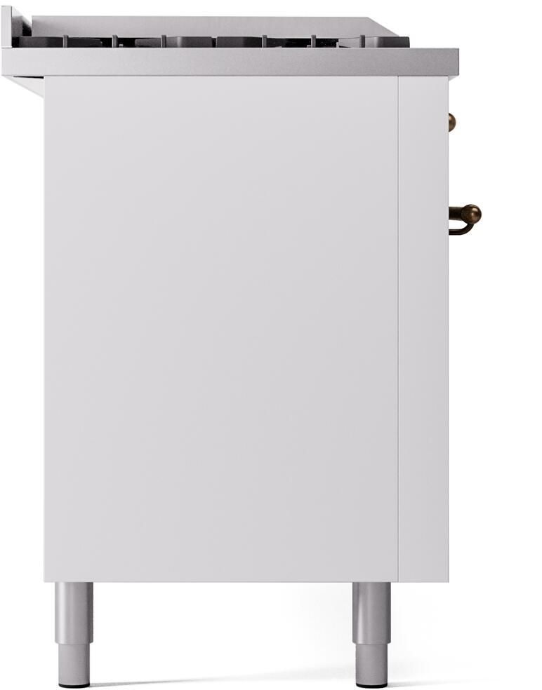 White ILVE range side view with rear vent opening and adjustable legs.