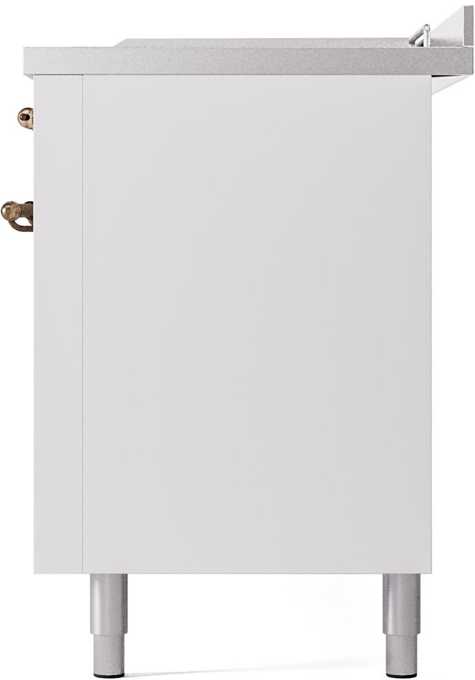 White dual fuel gas range back side view with rear control area and leveling legs