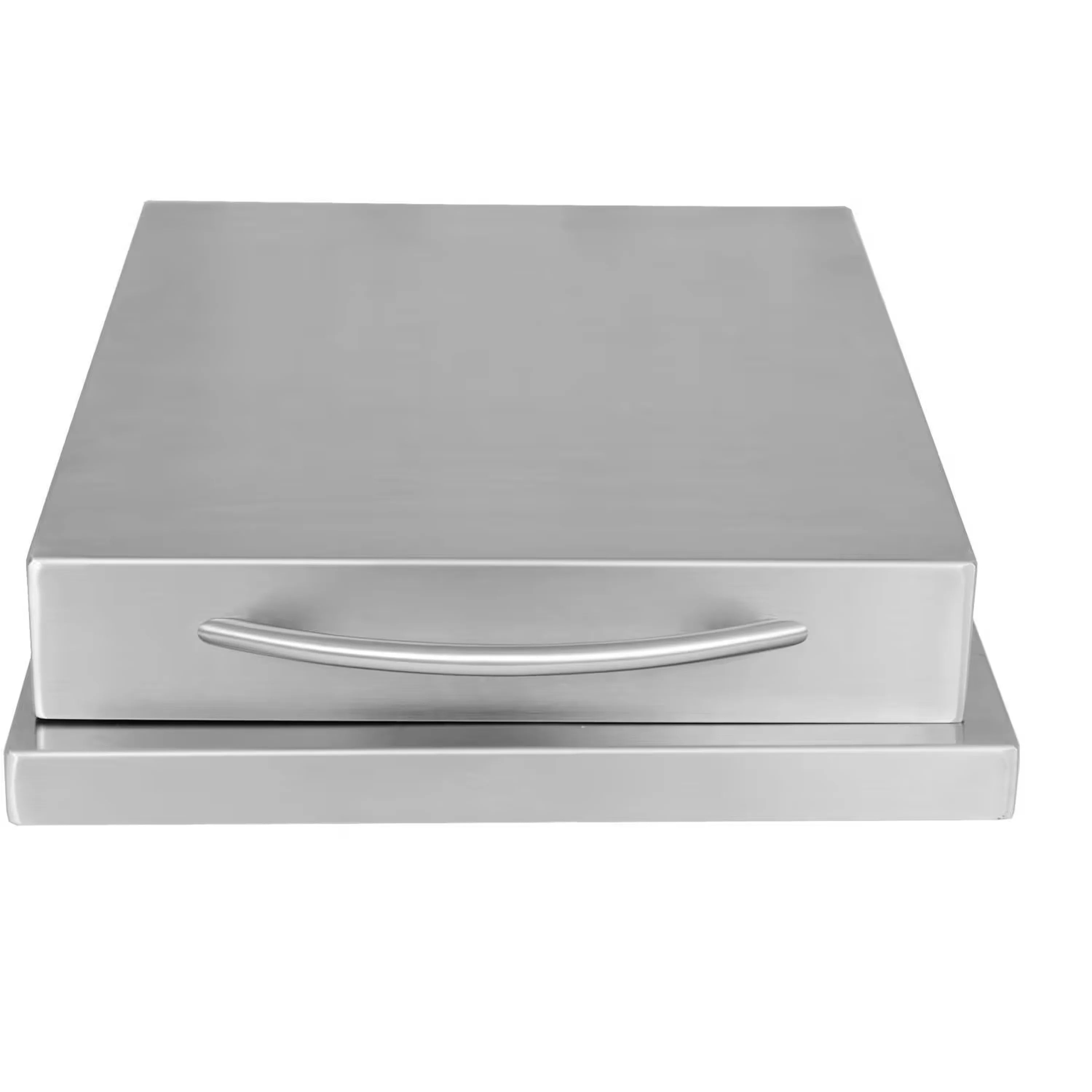 Stainless drop-in side burner cover with curved handle, front view