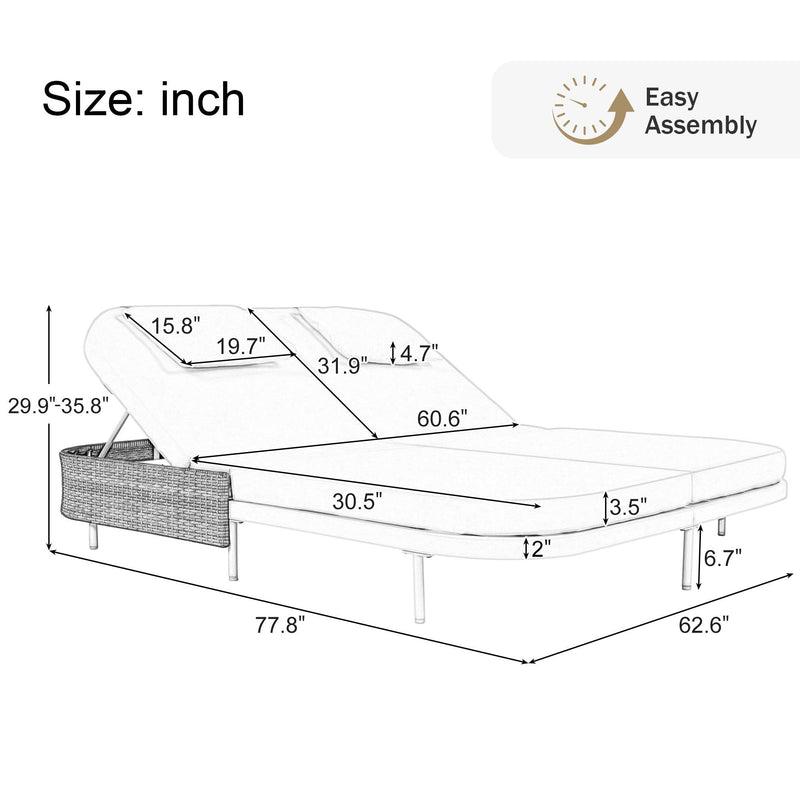 Parrot Uncle Outdoor Patio Rattan Daybed with 5-Position Adjustable Backrest, Removable Cushions & Pillows for Garden, Backyard, Poolside