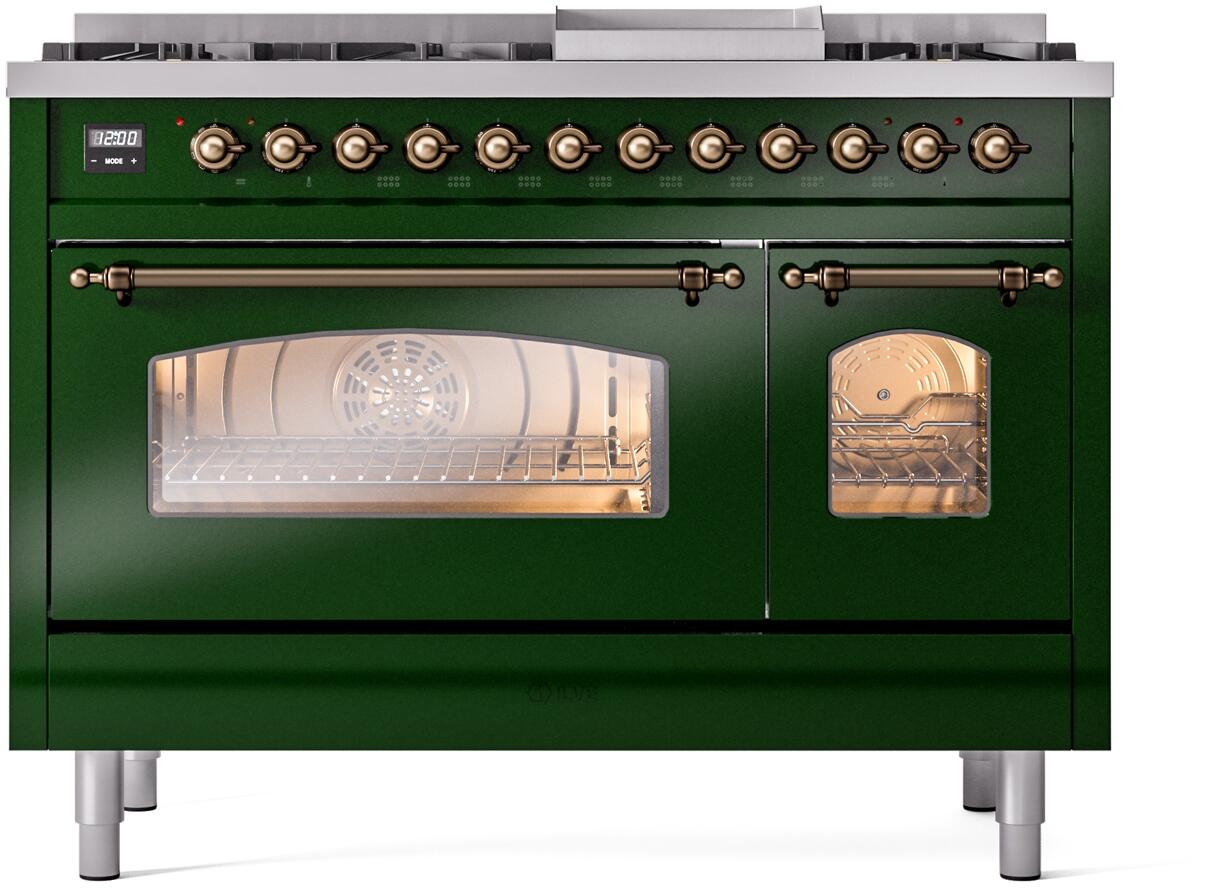 Dual fuel freestanding range in emerald green with bronze trim, oven door and control knobs