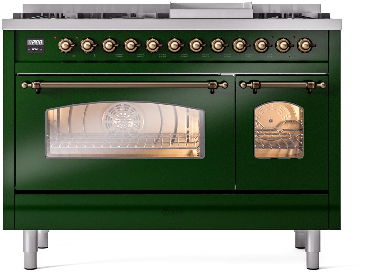 Emerald green dual fuel range front with bronze control knobs and oven door window