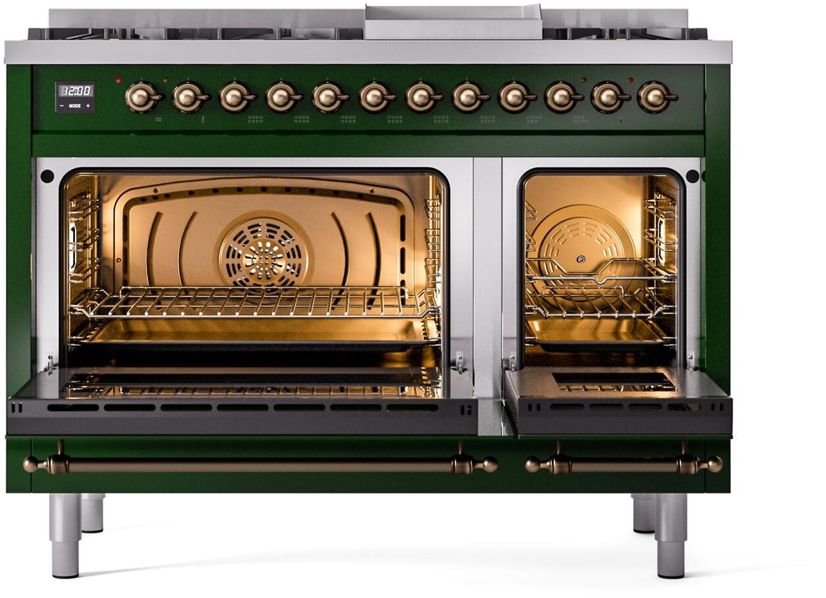 Emerald green dual fuel range with both oven doors open, showing lit oven interiors