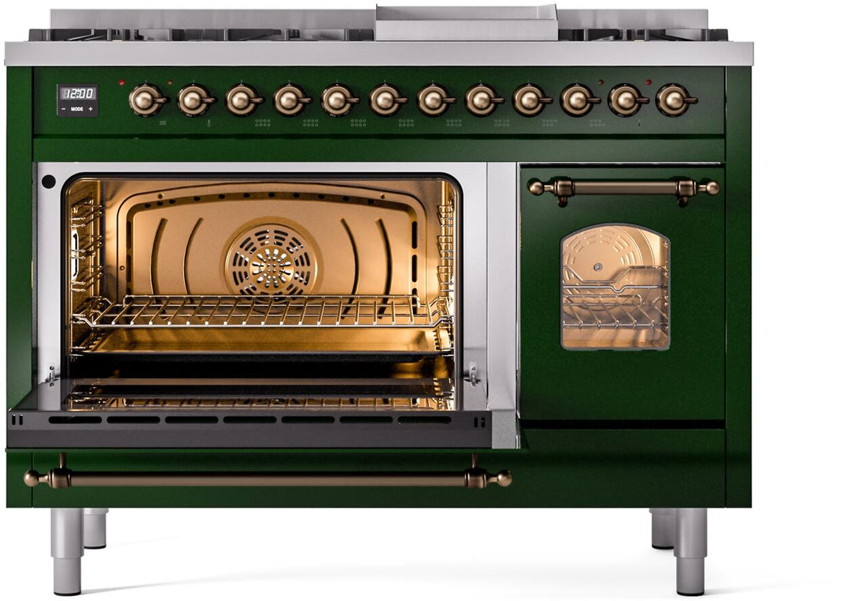 Emerald green dual fuel range with left oven door open and right oven door closed