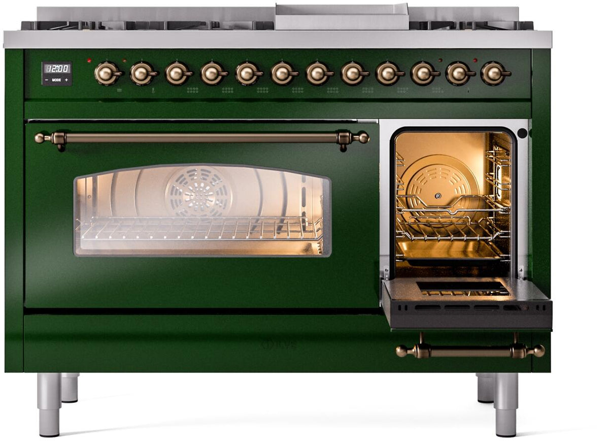 Dual fuel freestanding range with right oven door open, emerald green and bronze hardware