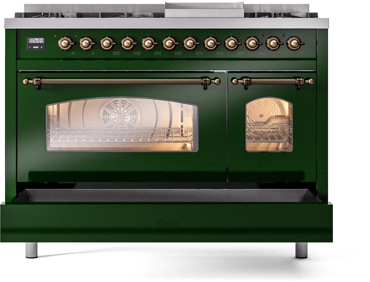 Dual fuel freestanding range front view with glass oven window, emerald green and bronze trim