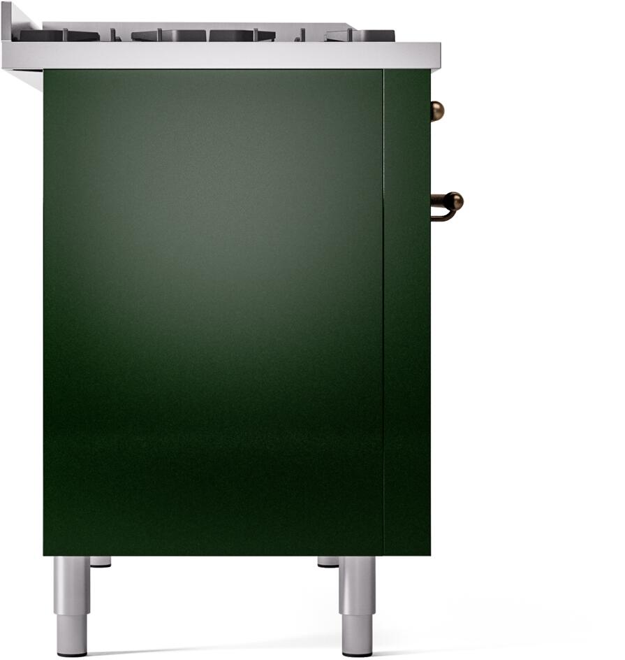 Emerald green freestanding dual fuel range cabinet front with bronze side knobs and legs