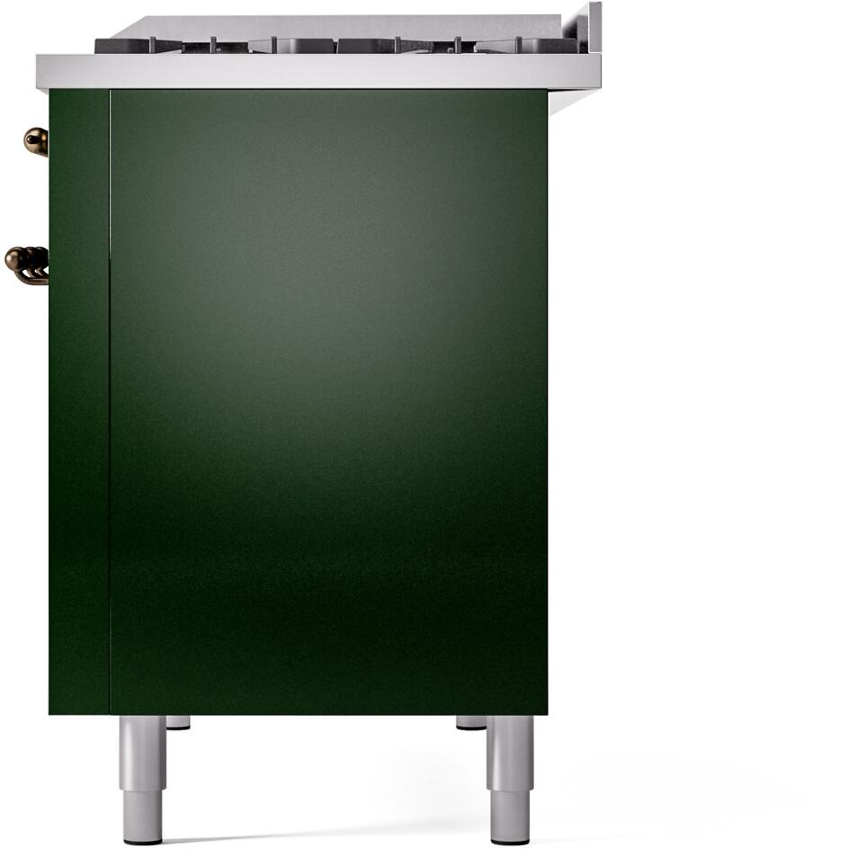 Emerald green freestanding range rear side panel with bronze handle and leveling feet