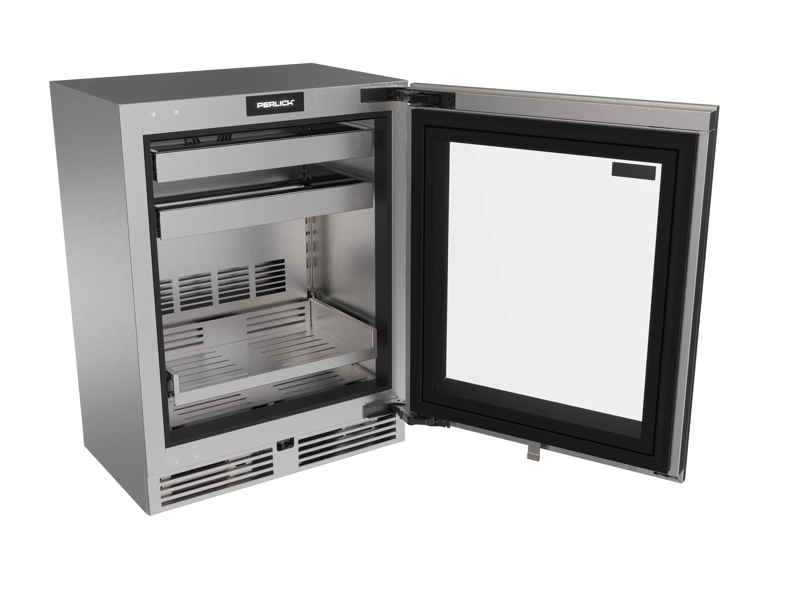 Perlick undercounter beverage center with open glass door and stainless interior shelves