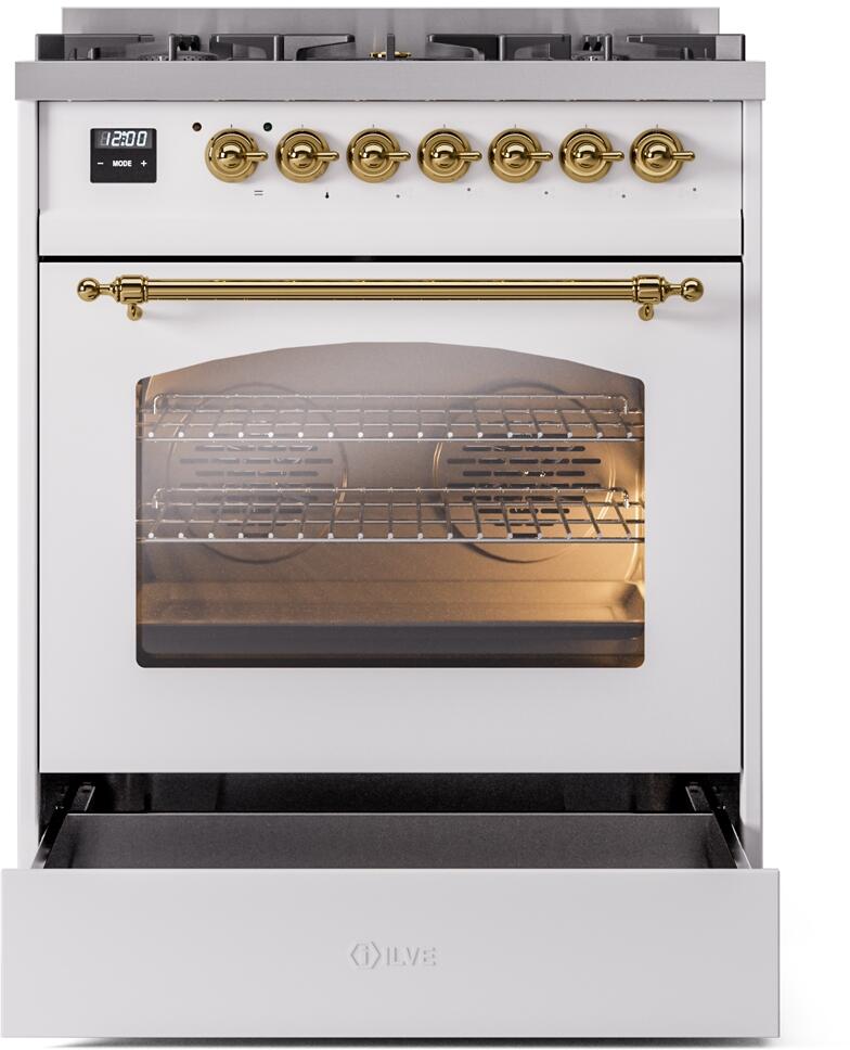 ILVE Nostalgie II 30-Inch Dual Fuel Freestanding Range in White with Brass Trim (UP30NMPWHG)