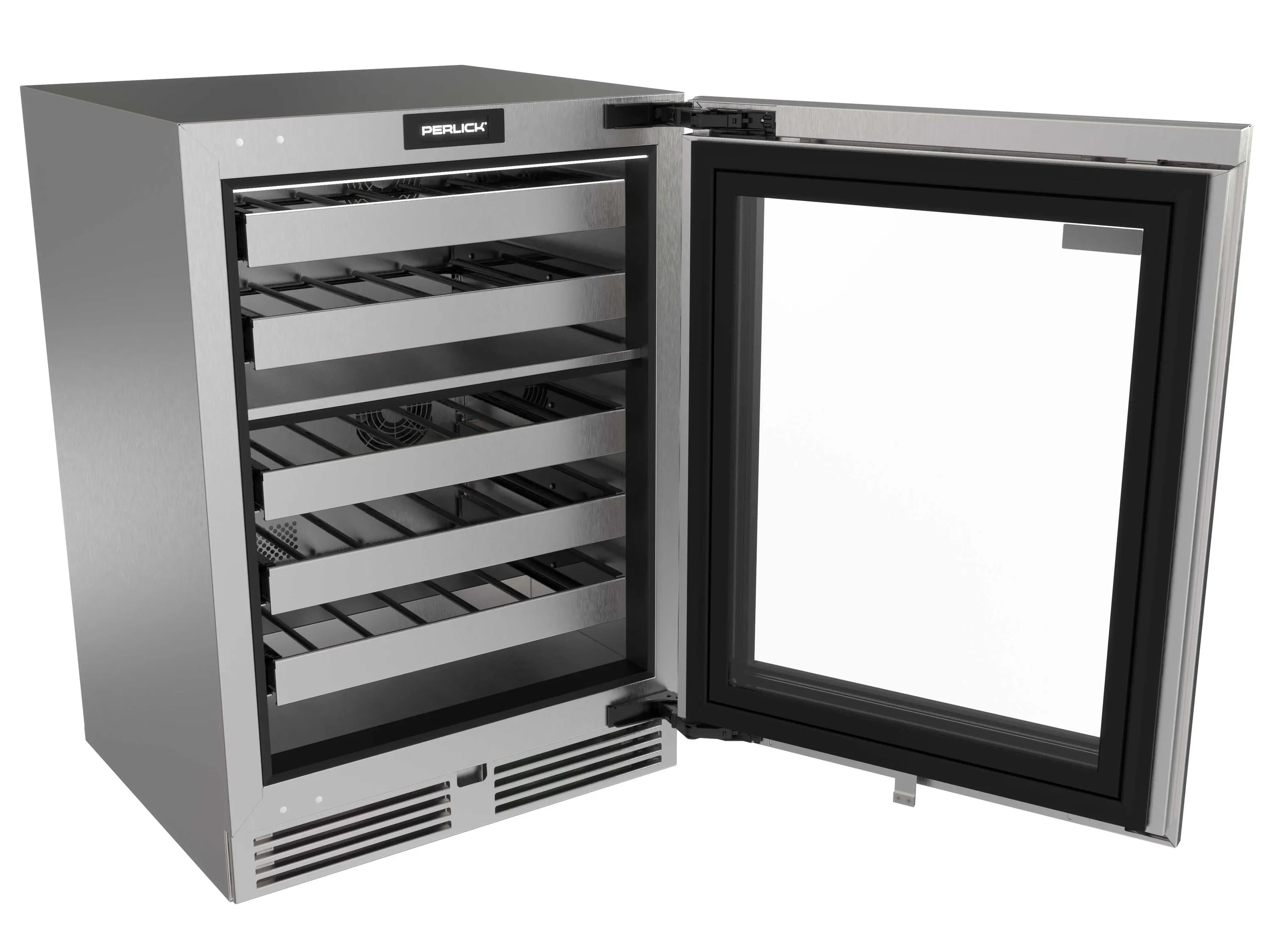 Undercounter wine cooler with open black-framed glass door and interior racks