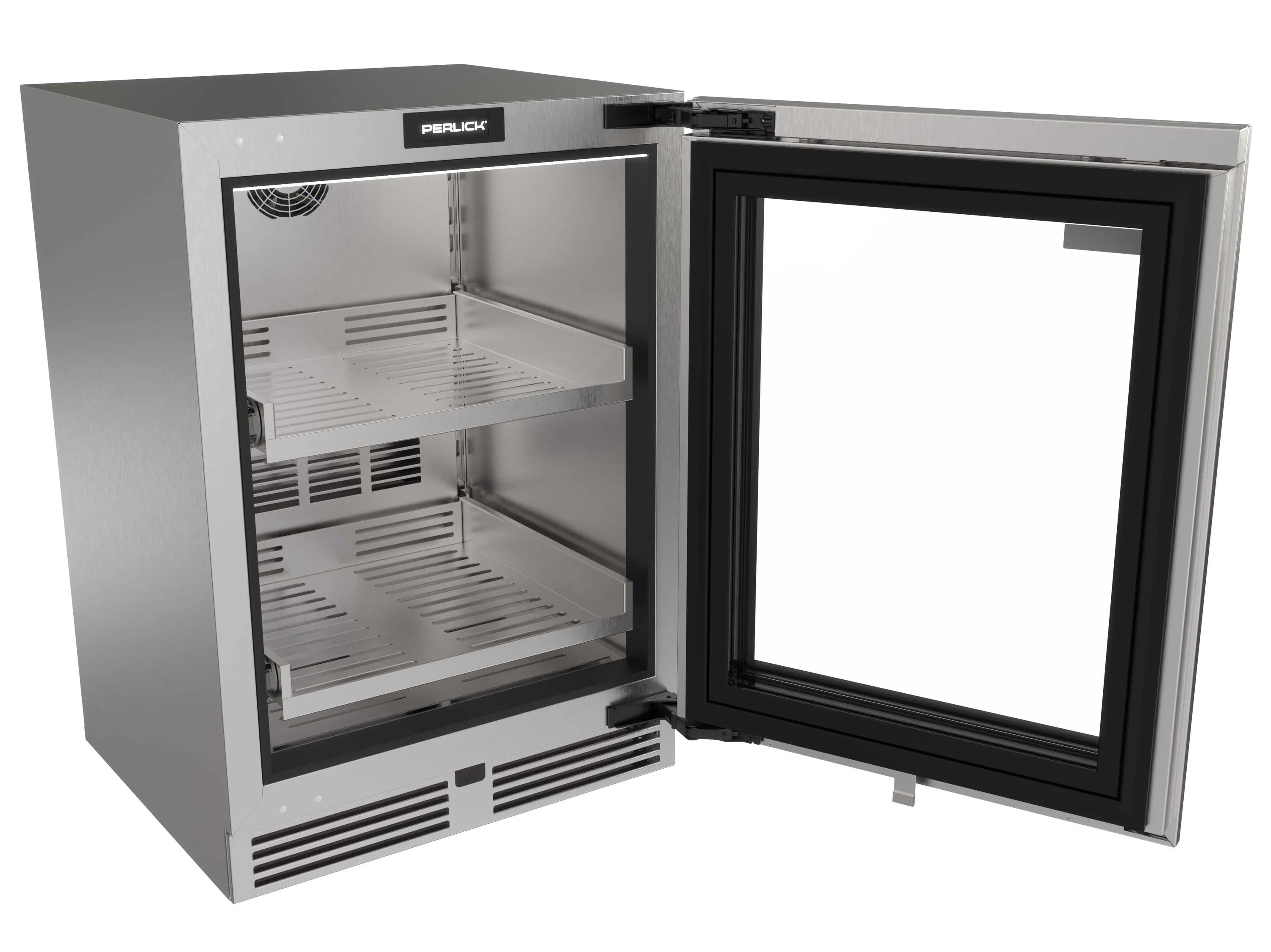 Undercounter refrigerator with open glass door, stainless interior shelves and racks