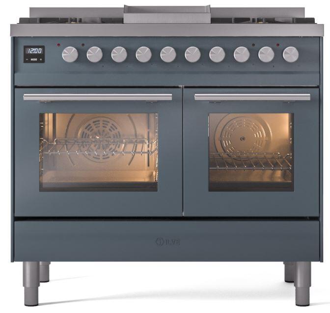 Blue grey freestanding dual-fuel gas range front with two oven doors and warming area