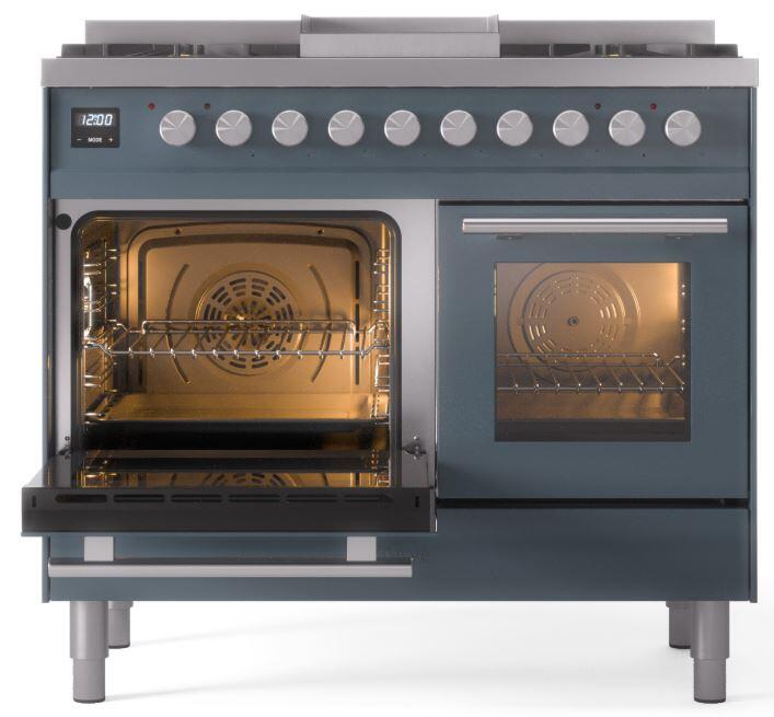 Dual-fuel gas range front view with left oven open and right oven door closed