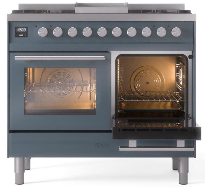 Blue grey dual-fuel gas range front with one oven interior illuminated