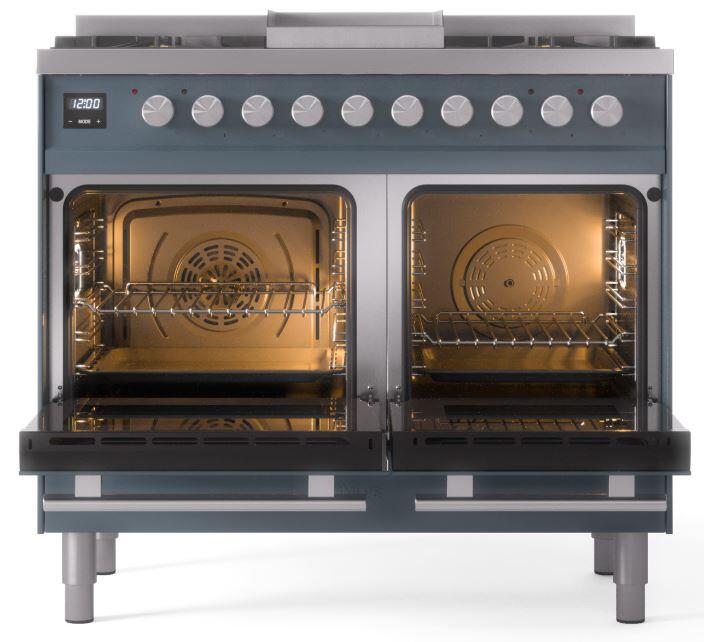 Dual-fuel gas range with two open ovens showing racks and interior lights
