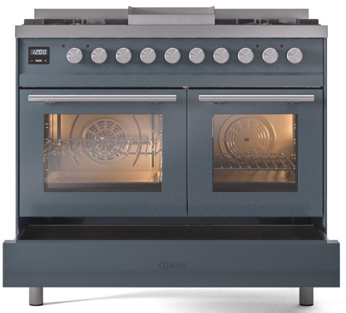 Blue grey freestanding dual fuel range with two oven windows and stainless burner control bar