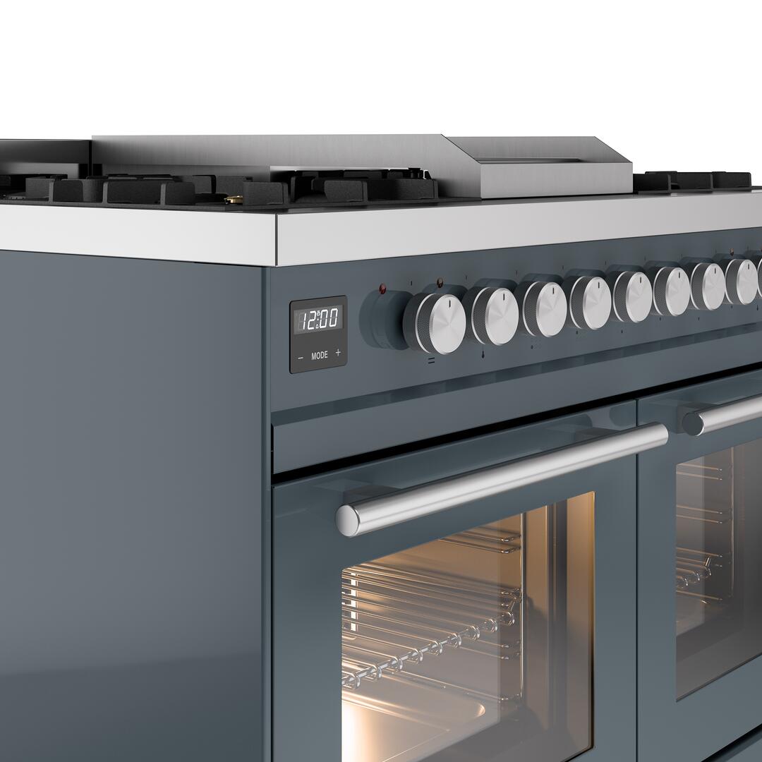 Blue grey range control panel with dial knobs and stainless oven handle, close-up view