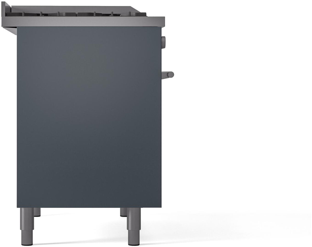 Blue grey freestanding dual-fuel gas range back corner with side handle and legs