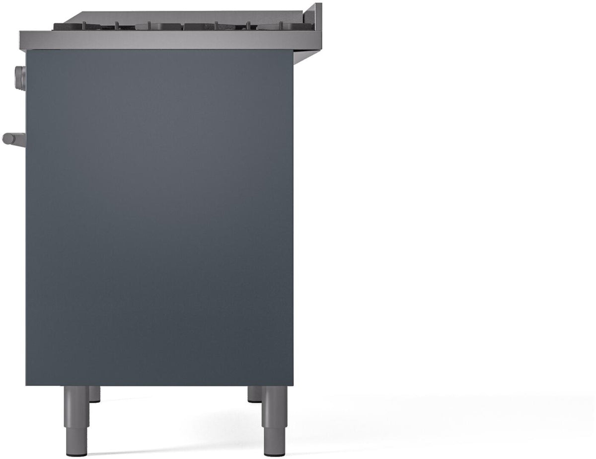 Blue grey freestanding dual-fuel gas range side panel with leveling legs
