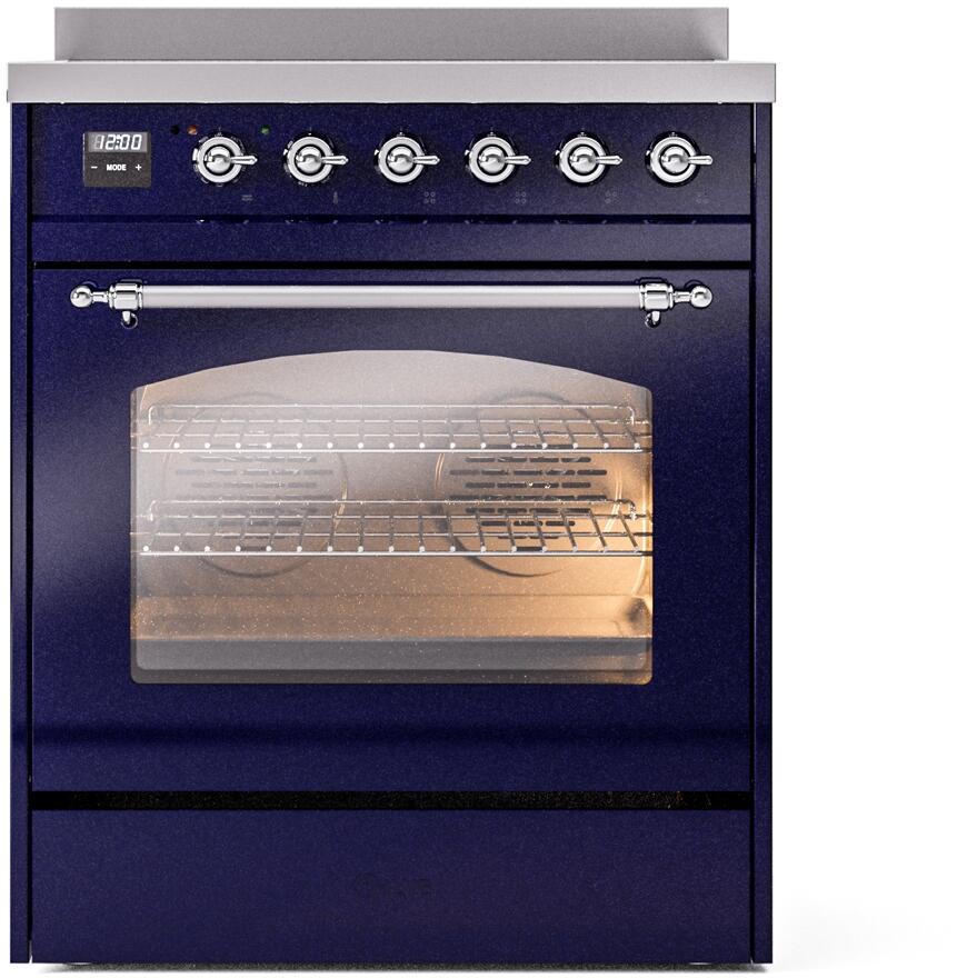 Midnight blue electric induction range with chrome-trim control panel and closed oven door