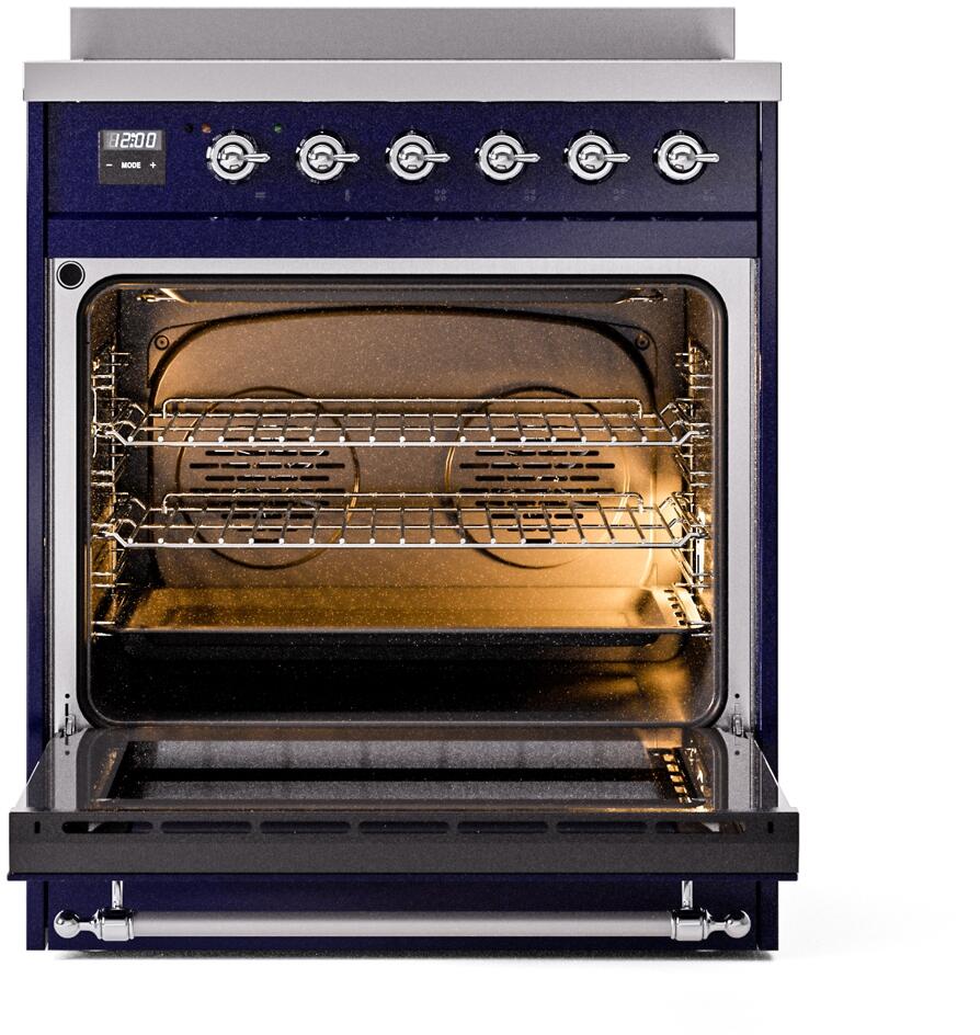 Midnight blue induction range with open oven showing racks and baking interior