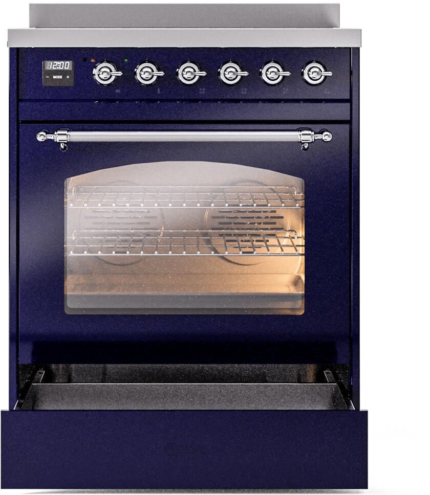 Midnight blue induction range with open oven cavity and front rack visible